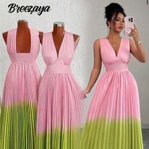 Pink and Green Pleated Maxi Dress